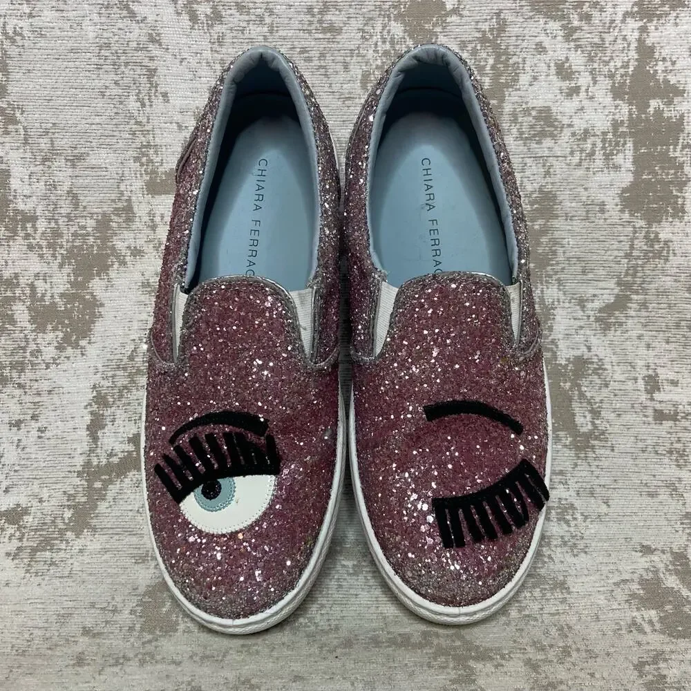 Chiara Ferragni Flirting Glitter Italian Leather Slip On Sneakers in Pink
